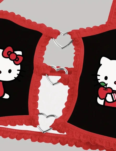 Комплект женского белья Хелоу Кити Топ и трусики Hello Kitty Lingerie Set Аниме Санрио Y2K тренд (черно-красный) L - изображение 3