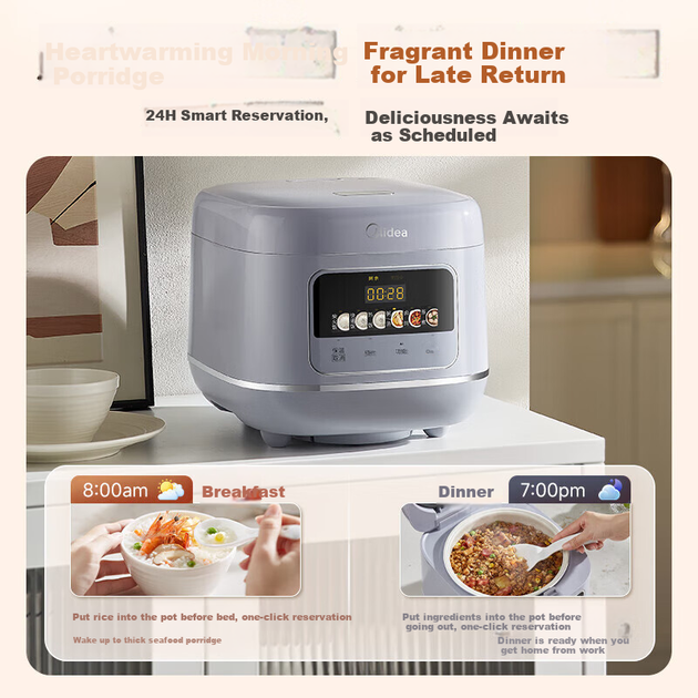 Електрична рисоварка Midea Rice Cooker 5 л для домашнього використання, розрахована на 5-8 осіб, велика місткість, антибактеріальна порцелянова внутрішня каструля, рис на дровах, мікротиск, розумне резервування, багатофункціональна швидка варка MB-5E61 - изображение 3