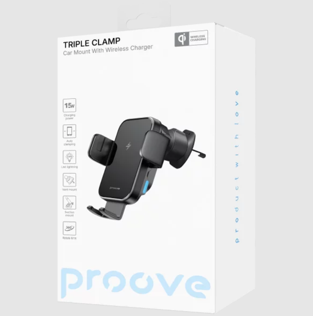 Автодержатель Proove Triple Clamp с беспроводной зарядкой 15W на панель и дефлектор для телефона, автоматический, черный - изображение 5