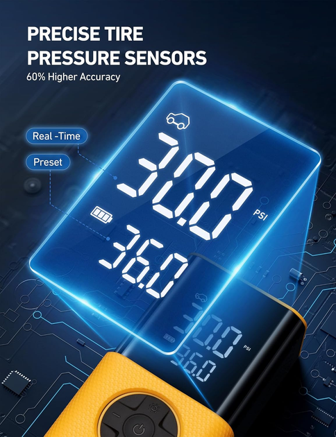 Портативний компресор AstroAI L7S 150 PSI, 4000 мАг, цифровий манометр, автостоп, LED, 5 режимів, жовтий - зображення 7