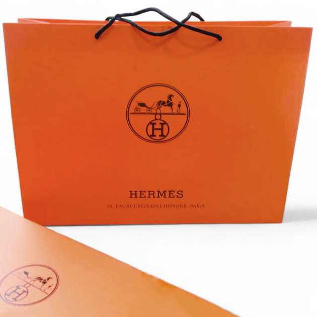 Пакет Hermes 42х14х30 см из плотной бумаги, оранжевый фирменный пакет с черными веревочными ручками - изображение 2