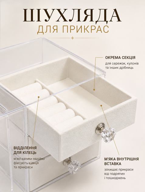Белая многоуровневая шкатулка-органайзер для украшений с бархатной прокладкой для колец, серег, цепочек и браслетов, 4 выдвижных ящика, 2 боковых отделения, 21×18×13 см - изображение 5