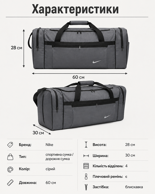 Сумка Nike серая 60 см - спортивная дорожная для спортзала с отделениями на молнии и плечевым ремнем - изображение 5
