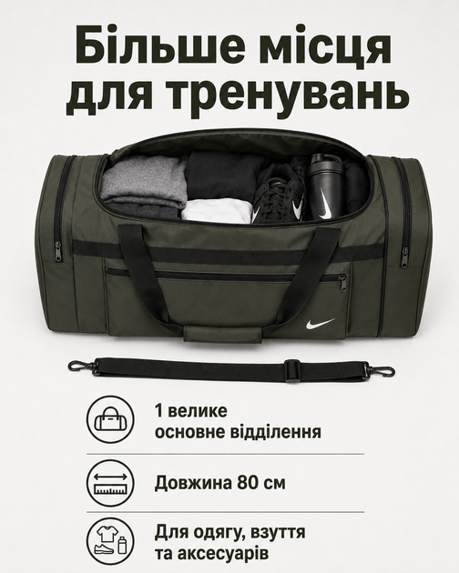Сумка Nike оливкова 80 см — спортивна дорожня для спортзалу з відділеннями на блискавці та плечовим ременем - зображення 3