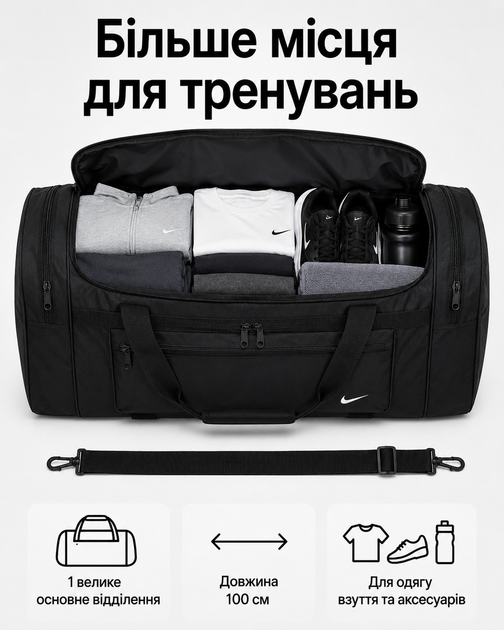 Сумка Nike черная 100 см - спортивная дорожная для спортзала с отделениями на молнии и плечевым ремнем - изображение 3
