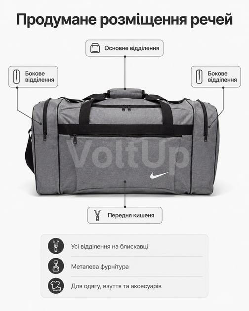 Сумка Nike серая 70 см - спортивная дорожная для спортзала с отделениями на молнии и плечевым ремнем - изображение 2