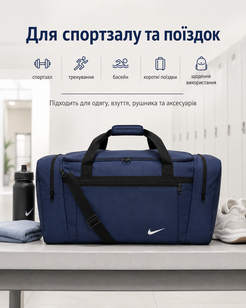 Сумка Nike синя 60 см — спортивна дорожня для спортзалу з відділеннями на блискавці та плечовим ременем - зображення 4