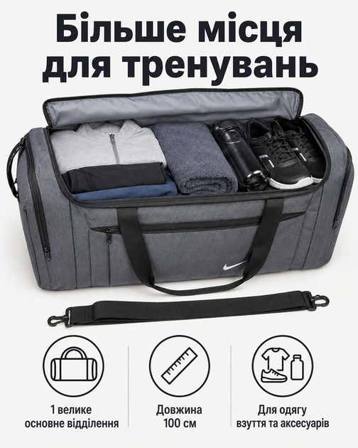 Сумка Nike серая 100 см - спортивная дорожная для спортзала с отделениями на молнии и плечевым ремнем - изображение 3