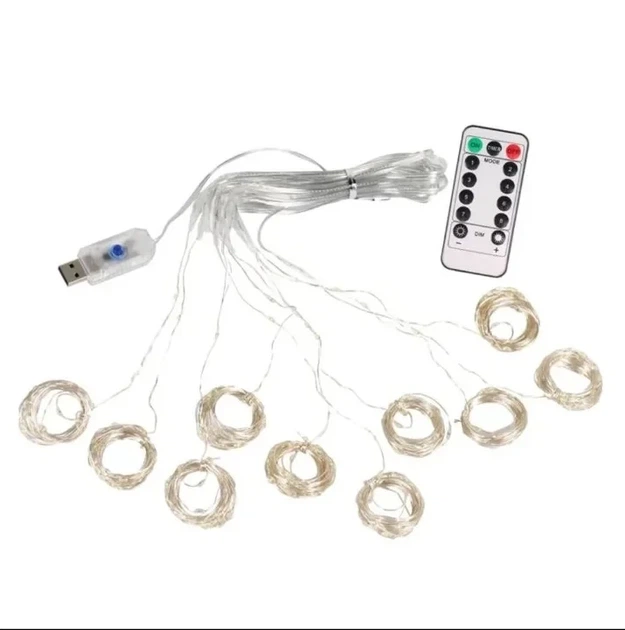 USB гірлянда-штора з пультом 1*3 метри 100 LED 10 ниток по 1м теплий білий\Warm White - Фото 1 USB гірлянда-штора з пультом 1*3 метри 100 LED 10 ниток по 1м теплий білий\Warm White - зображення 1