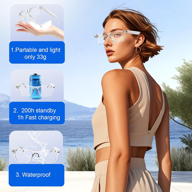 Умные AI-очки Domhong Bluetooth, перевод 164 языков, Open-Ear аудио, микрофон, Hands-Free, UV/Blue Light - Фото 4 Умные AI-очки Domhong Bluetooth, перевод 164 языков, Open-Ear аудио, микрофон, Hands-Free, UV/Blue Light - изображение 4