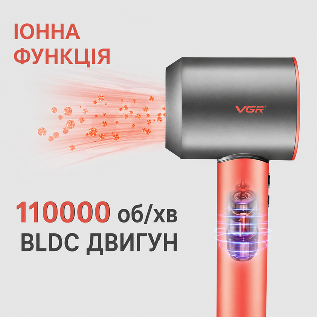 Фен професійний VGR V-440 1400 Вт, турбомотор BLDC, іонізація, 3 насадки, червоний - зображення 2