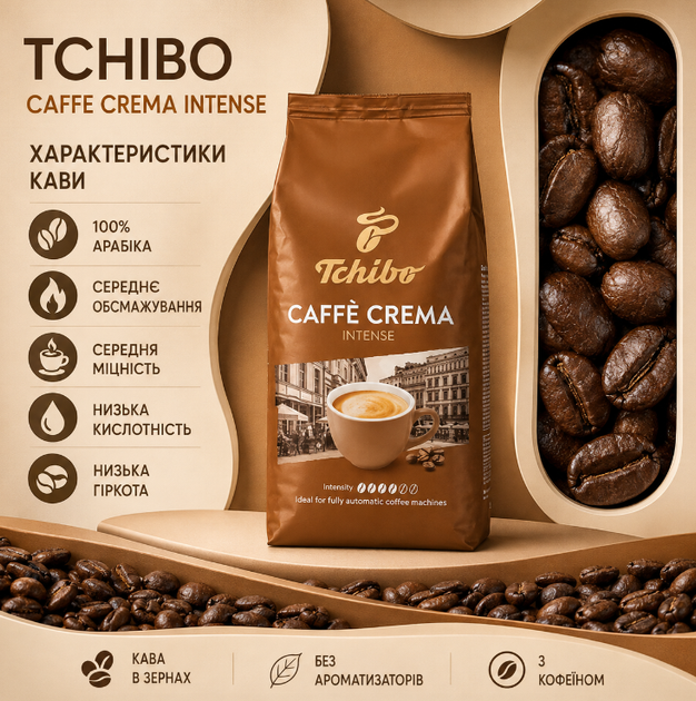 Кава в зернах Tchibo Caffe Crema Intense 1 кг 1000 г Чібо Кафе Крема Інтенс 100% арабіка зернова натуральна німецька середнього обсмажування міцності низької кислотності гіркоти темний шоколад кремова ароматна для кавомашини - зображення 3