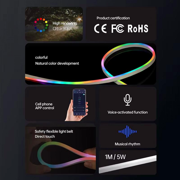 LED лента RGB Неоновая Веревка 10м 5V Bluetooth IP65 для подсветки помещения - изображение 4