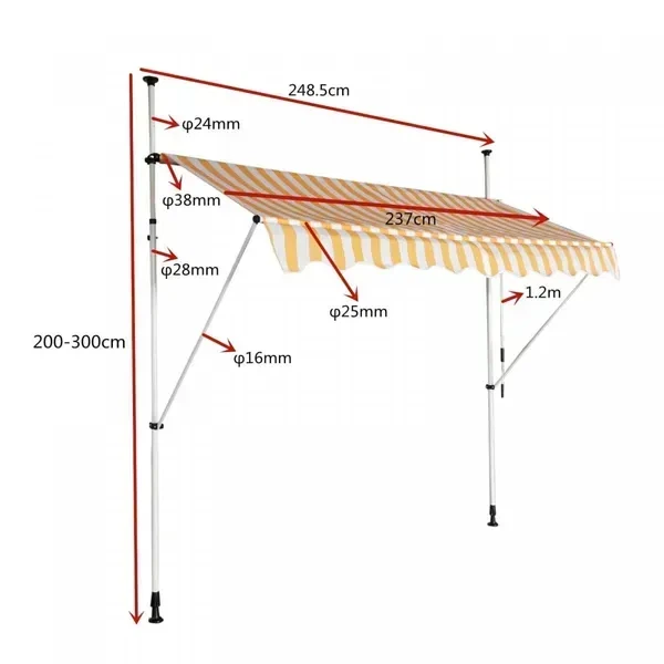 Балконна маркіза Costway 250×120 см з телескопічними стійками 200–300 см, сіра - Фото 3 Балконна маркіза Costway 250×120 см з телескопічними стійками 200–300 см, сіра - зображення 3