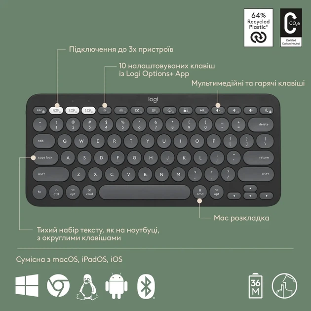 Комплект клавіатура та мишка Logitech Pebble 2 Combo for Mac Tonal Graphite UA (920-012244) - зображення 6