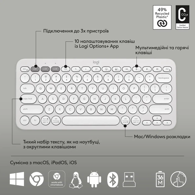 Комплект клавіатура та мишка Logitech Pebble 2 Combo Tonal White UA (920-012240) - зображення 6