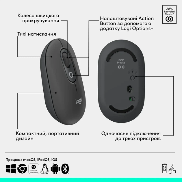Комплект клавіатура та мишка Logitech POP Icon Combo Bluetooth UA Graphite (920-013156) - Фото 7 Комплект клавіатура та мишка Logitech POP Icon Combo Bluetooth UA Graphite (920-013156) - зображення 7