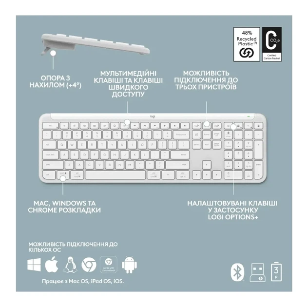 Клавіатура Logitech K950 Bluetooth/Wireless UA Off-White (920-012466) - зображення 6