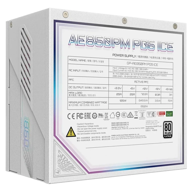 Блок живлення GIGABYTE AORUS ELITE AE850PM PG5 ICE (850W, ATX 3.1, PCIe 5.1, 80 Plus Platinum, White) - зображення 6