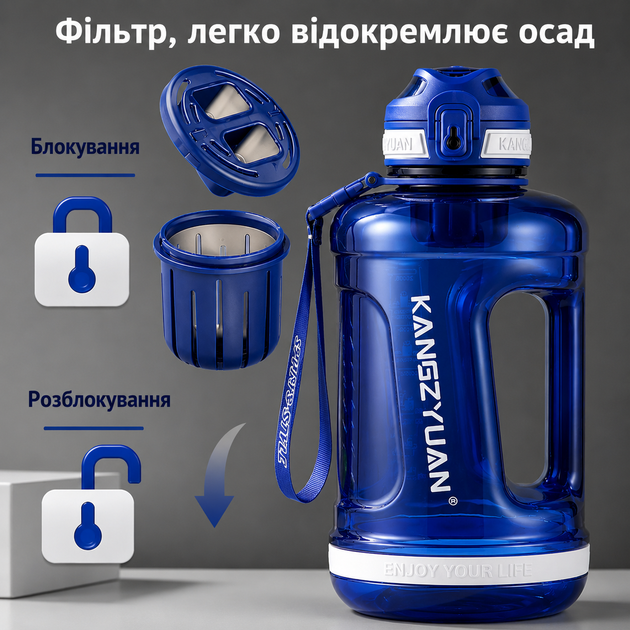 Еко-пляшка KANGZYUAN 2200 мл (2.2 л) — Синя Tritan BPA-free, ударостійка, спортивна з ручкою та ремінцем - Фото 2 Еко-пляшка KANGZYUAN 2200 мл (2.2 л) — Синя Tritan BPA-free, ударостійка, спортивна з ручкою та ремінцем - зображення 2