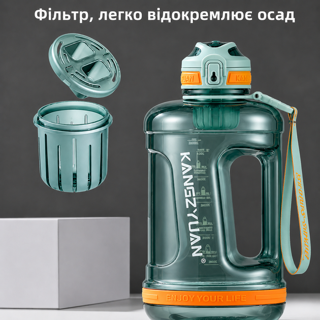 Еко-пляшка KANGZYUAN 1500 мл (1.5 л) — Зелена Tritan BPA-free, ударостійка, спортивна з ручкою та ремінцем - зображення 3