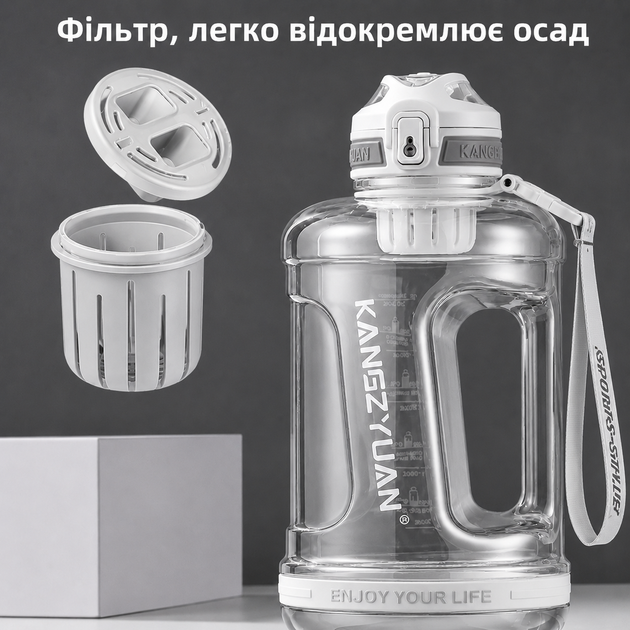 Еко-пляшка KANGZYUAN 1500 мл (1.5 л) — Біла Tritan BPA-free, ударостійка, спортивна з ручкою та ремінцем - Фото 4 Еко-пляшка KANGZYUAN 1500 мл (1.5 л) — Біла Tritan BPA-free, ударостійка, спортивна з ручкою та ремінцем - зображення 4