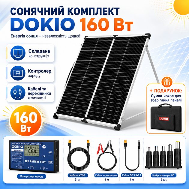 Сонячна панель портативна з контролером DOKIO 160 Вт Сонячний зарядний комплект переносний Сонячна батарея - зображення 2