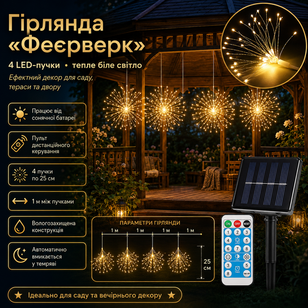 Садовая гирлянда на солнечной батарее Фейерверк + пульт, 4 пучка, Теплый белый / Уличная гирлянда для сада - Фото 1 Садовая гирлянда на солнечной батарее Фейерверк + пульт, 4 пучка, Теплый белый / Уличная гирлянда для сада - изображение 1