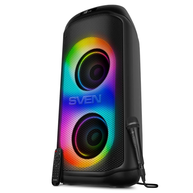 Портативная акустическая система SVEN PS-1050, 200 Вт, Bluetooth, RGB-подсветка, караоке, микрофон, Black - Фото 2 Портативная акустическая система SVEN PS-1050, 200 Вт, Bluetooth, RGB-подсветка, караоке, микрофон, Black - изображение 2