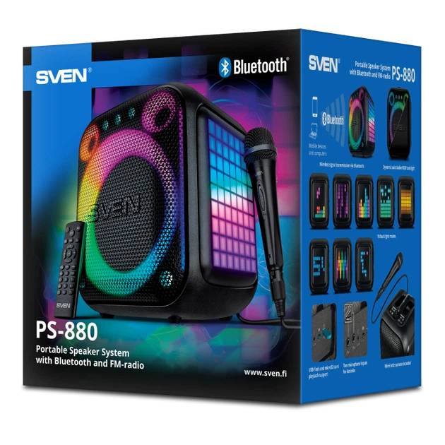 Портативная акустическая система SVEN PS-880, 110 Вт, Bluetooth, RGB-подсветка, караоке, Black - Фото 13 Портативная акустическая система SVEN PS-880, 110 Вт, Bluetooth, RGB-подсветка, караоке, Black - изображение 13