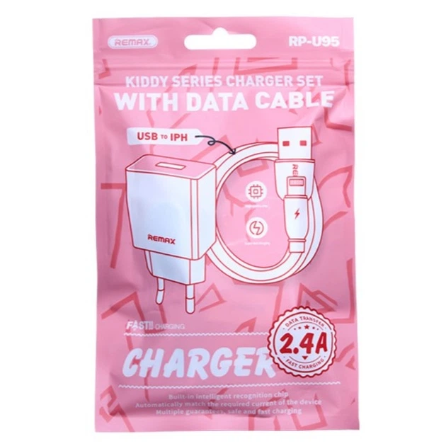 Мережевий зарядний пристрій з кабелем REMAX Kiddy Series 2.4A RP-Charger Set with Cable U95 IPH (6954851218180) - Фото 2 Мережевий зарядний пристрій з кабелем REMAX Kiddy Series 2.4A RP-Charger Set with Cable U95 IPH (6954851218180) - изображение 2