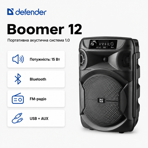 Портативная Bluetooth-колонка Defender Boomer 12 15 Вт FM-радио, USB, AUX, LED-подсветка Черная (65412) - изображение 2