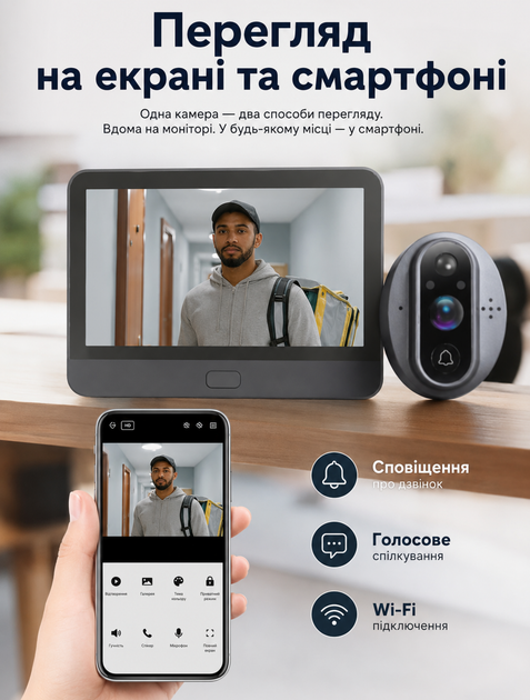 Видеодомофон беспроводной с Wi-Fi Tuya Smart Life для дома черный с кронштейном и кабелем питания - изображение 3