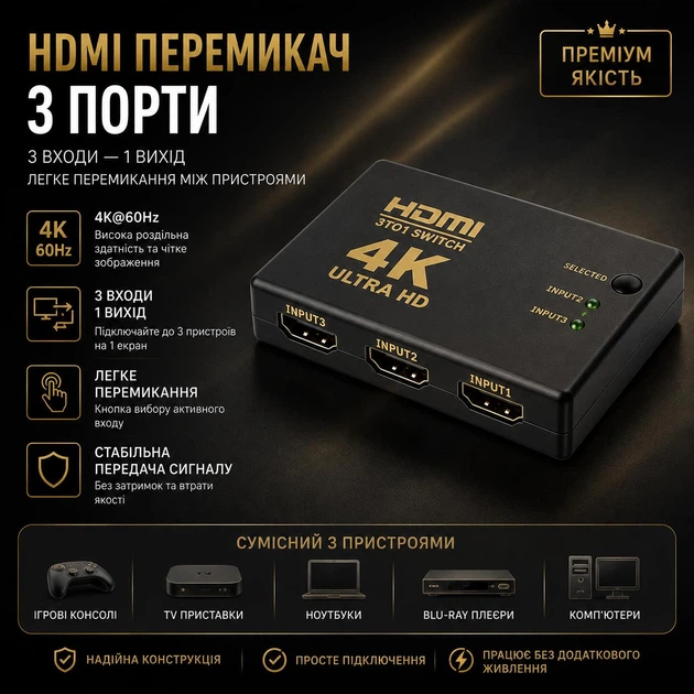 HDMI свитч 3X1 Stone HDMI 4K 60 Hz сплиттер разветвитель (ST-SH013) - изображение 2