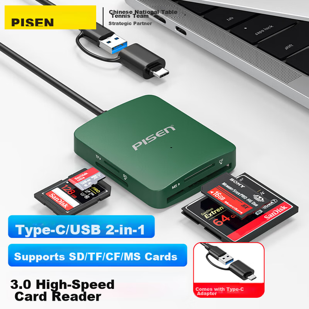 Кардридер Pisen USB/Type-C 3.0 High-Speed, поддерживает карты SD/TF/CF/MS, видеорегистратор, карты памяти для систем видеонаблюдения, совместим с компьютерами, Apple 15/iPad/телефонами Android. - изображение 4