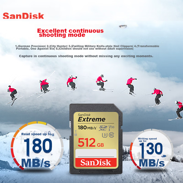 Карта памяти SanDisk SD 512 ГБ, 4K V30 U3 C10, карта для хранения данных с фотокамер, скорость чтения 180 МБ/с, скорость записи 130 МБ/с, высокоскоростная серийная съемка, подходит для беззеркальных/цифровых зеркальных камер. - Фото 6 Карта памяти SanDisk SD 512 ГБ, 4K V30 U3 C10, карта для хранения данных с фотокамер, скорость чтения 180 МБ/с, скорость записи 130 МБ/с, высокоскоростная серийная съемка, подходит для беззеркальных/цифровых зеркальных камер. - изображение 6