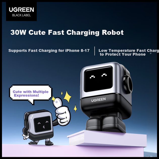 Зарядное устройство UGREEN Yiyangqianxi в том же стиле, что и Q Pai Robot 30W с нитридом галлия, быстрое зарядное устройство PD20W, подходит для iPhone 17, телефонов Apple Huawei, iPad с разъемом Type-C. - Фото 3 Зарядное устройство UGREEN Yiyangqianxi в том же стиле, что и Q Pai Robot 30W с нитридом галлия, быстрое зарядное устройство PD20W, подходит для iPhone 17, телефонов Apple Huawei, iPad с разъемом Type-C. - изображение 3