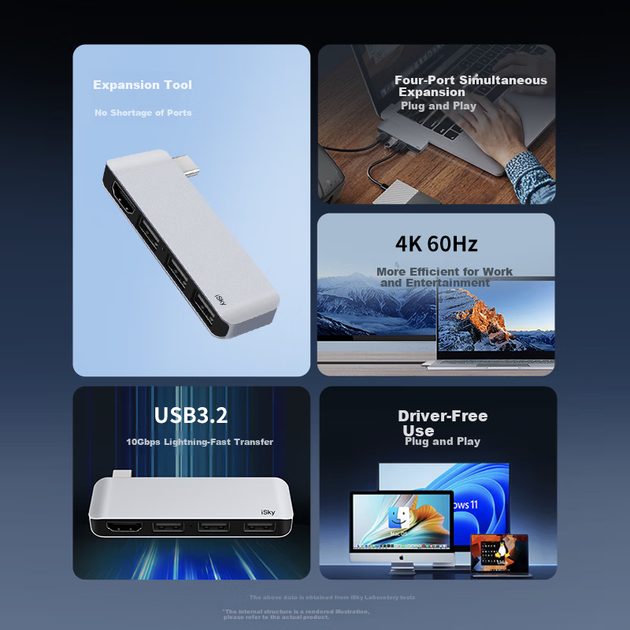 Док-станція iSky Type-C, HDMI 4K60Hz, передача відео, USB 3.2, високошвидкісний 10 Гбіт/с-хаб для ноутбуків Apple, Huawei, Microsoft, сріблястий колір - Фото 2 Док-станція iSky Type-C, HDMI 4K60Hz, передача відео, USB 3.2, високошвидкісний 10 Гбіт/с-хаб для ноутбуків Apple, Huawei, Microsoft, сріблястий колір - зображення 2