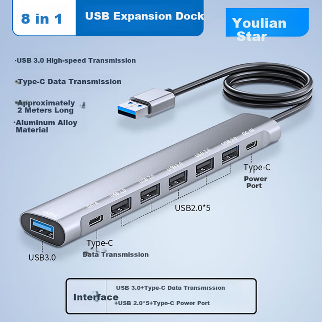 USB-концентратор Youlianxing з 8 портами та 2 метрами, USB 2.0 розширювальний концентратор-розгалужувач, сумісний з Apple, Huawei настільними комп'ютерами, ноутбуками, мишею, клавіатурою, жорстким диском - Фото 4 USB-концентратор Youlianxing з 8 портами та 2 метрами, USB 2.0 розширювальний концентратор-розгалужувач, сумісний з Apple, Huawei настільними комп'ютерами, ноутбуками, мишею, клавіатурою, жорстким диском - зображення 4