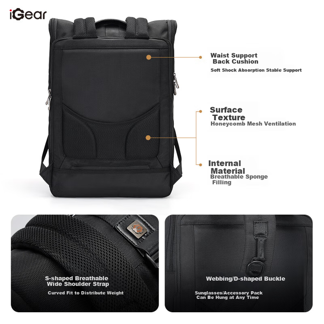Многофункциональный игровой рюкзак IGear, сумка для ноутбука для мужчин, большой объем 17,3 дюйма, расширяемый, деловая дорожная сумка, совместима с Lenovo, Huawei, ASUS Tianxuan, игровой рюкзак для ноутбука Aurora, школьная сумка. - изображение 7