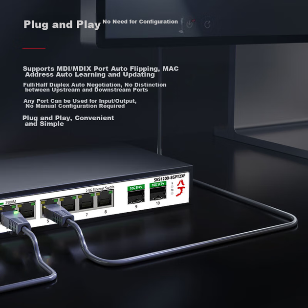 Некерований комутатор Xike, 8 портів 2.5G Ethernet + 2 порти 10G Optical, Plug and Play, безвентиляторний, підтримує Cat Rod SKS1200-8E2X - изображение 7