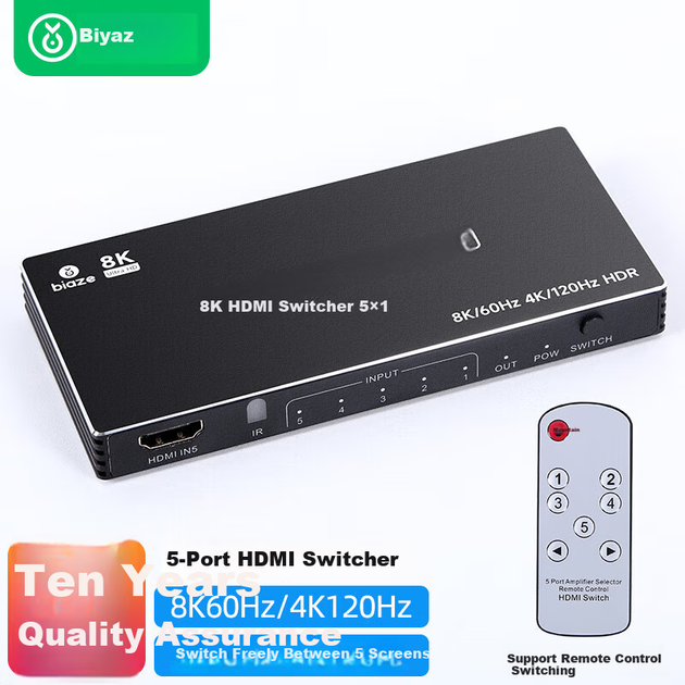 HDMI 2.1 комутатор BIAZE з пультом дистанційного керування, 5-дюймовий розгалужувач екрана 8K/60Hz, пристрій для спільного використання з ноутбука на телевізор-проектор 4K/120Hz - Фото 4 HDMI 2.1 комутатор BIAZE з пультом дистанційного керування, 5-дюймовий розгалужувач екрана 8K/60Hz, пристрій для спільного використання з ноутбука на телевізор-проектор 4K/120Hz - изображение 4