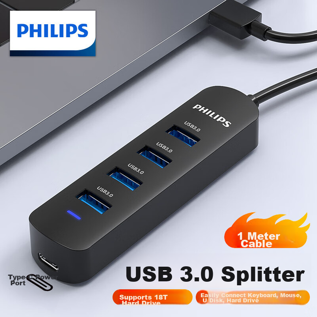 USB-хаб PHILIPS 3.0, високошвидкісний 4-портовий розширювальний док-станційний пристрій, сумісний з ноутбуками та настільними комп'ютерами, багатопортовий адаптер з портом живлення, кабель 1 метр - Фото 9 USB-хаб PHILIPS 3.0, високошвидкісний 4-портовий розширювальний док-станційний пристрій, сумісний з ноутбуками та настільними комп'ютерами, багатопортовий адаптер з портом живлення, кабель 1 метр - изображение 9