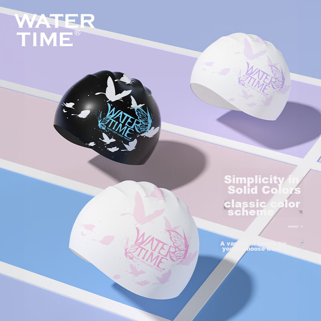 WATERTIME / Shuichuan Женская силиконовая водонепроницаемая шапочка для плавания с длинными волосами, с широкими ушами, не сдавливает, бережно относится к волосам, угольно-черная - изображение 5