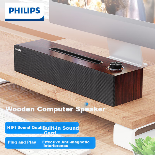 PHILIPS SPA3808 Bluetooth-колонка для комп'ютера, звукова система, настільний USB-порт, ноутбук, Bluetooth-мультимедійний домашній сабвуфер, підставка для телефону, багатофункціональна колонка коричневого кольору з дерев'яним малюнком - изображение 4