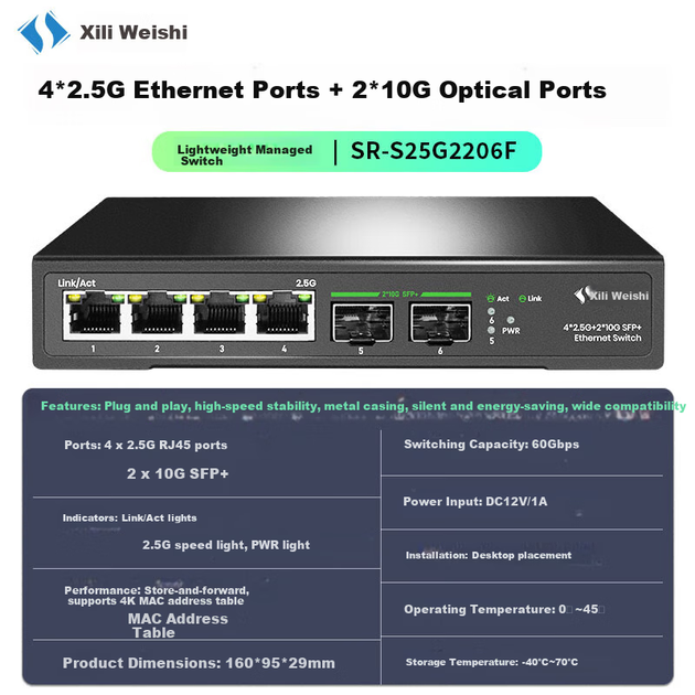 Xilivision 4-портовий комутатор оптичних портів 2.5G + 2 10G, легке керування LACP, динамічна агрегація, ізоляція портів VLAN, дзеркалювання для дому та підприємства, підтримує оптичний модем SR-S25G2206F - изображение 5
