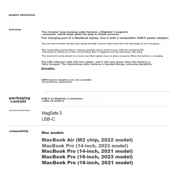 Зарядний кабель BIAZE для MacBook Pro A2442/A2779/A2681, адаптер живлення для ноутбука USB-C — MagSafe 3, магнітний M2. - зображення 11
