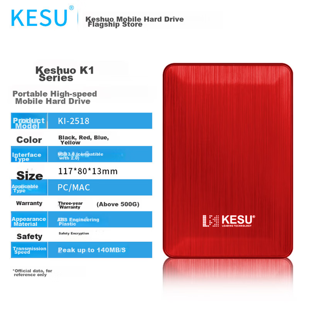 Жорсткий диск портативний KESU K1, 1 ТБ, USB 3.0, з шифруванням, червоний - зображення 4