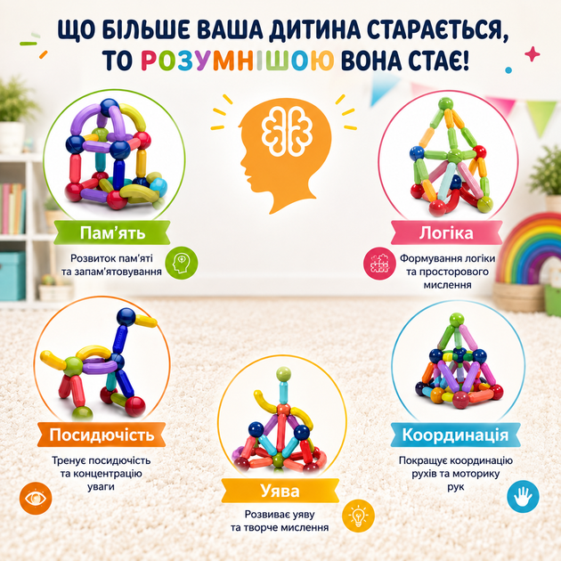 Дитячий розвивальний магнітний 3D-конструктор 100 деталей великі палички та кульки - Фото 3 Дитячий розвивальний магнітний 3D-конструктор 100 деталей великі палички та кульки - зображення 3