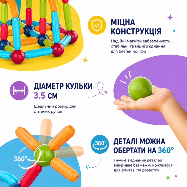 Дитячий розвивальний магнітний 3D-конструктор 100 деталей великі палички та кульки - Фото 6 Дитячий розвивальний магнітний 3D-конструктор 100 деталей великі палички та кульки - зображення 6